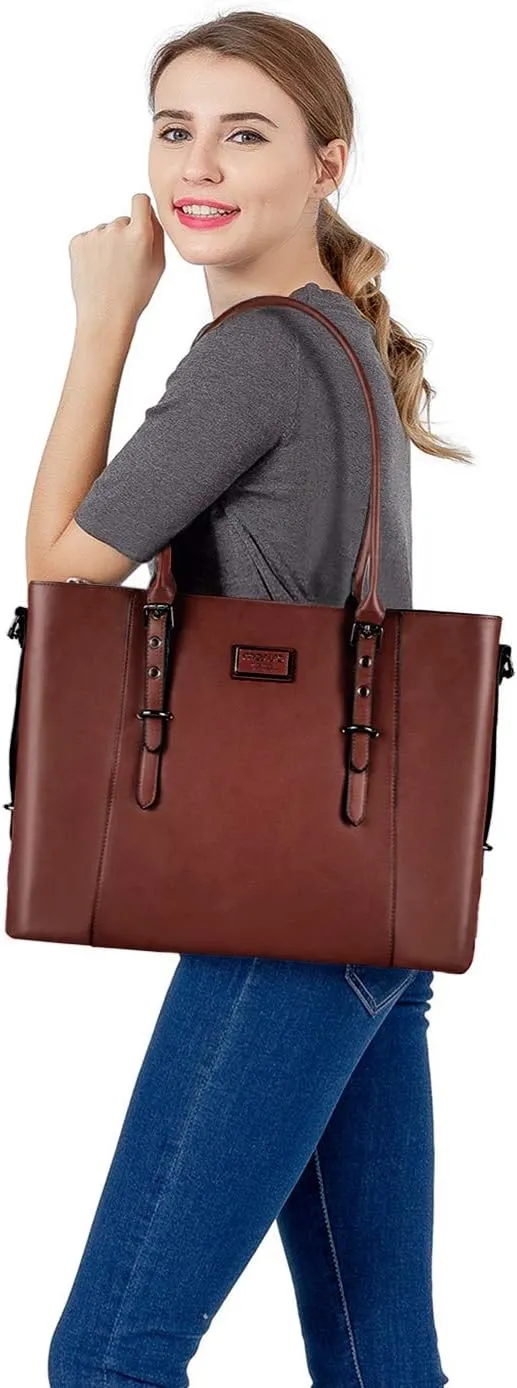 MOSISO PU Leather Laptop Tote Bag for Women (17-17.3 inch), Waterproof Large Capacity Business Work Briefcase Shoulder Laptop Bag, Brown