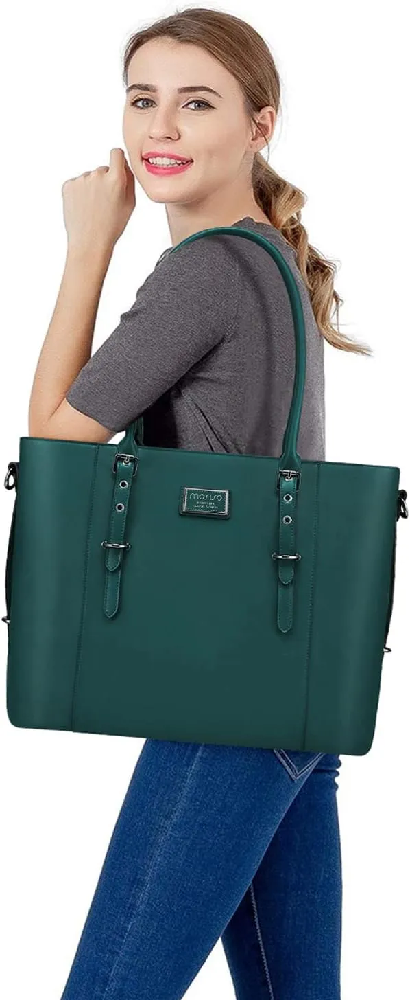 MOSISO PU Leather Laptop Tote Bag for Women (17-17.3 inch), Waterproof Large Capacity Business Work Briefcase Shoulder Laptop Bag, Deep Teal