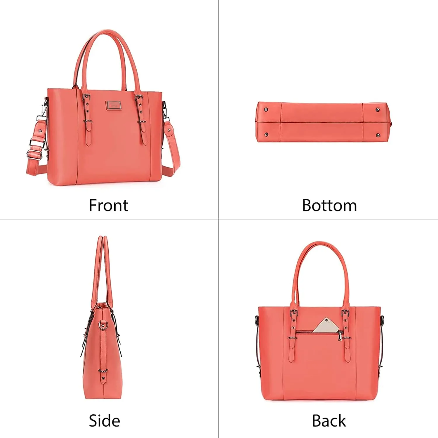 MOSISO PU Leather Laptop Tote Bag for Women (17-17.3 inch), Waterproof Large Capacity Business Work Briefcase Shoulder Laptop Bag, Living Coral
