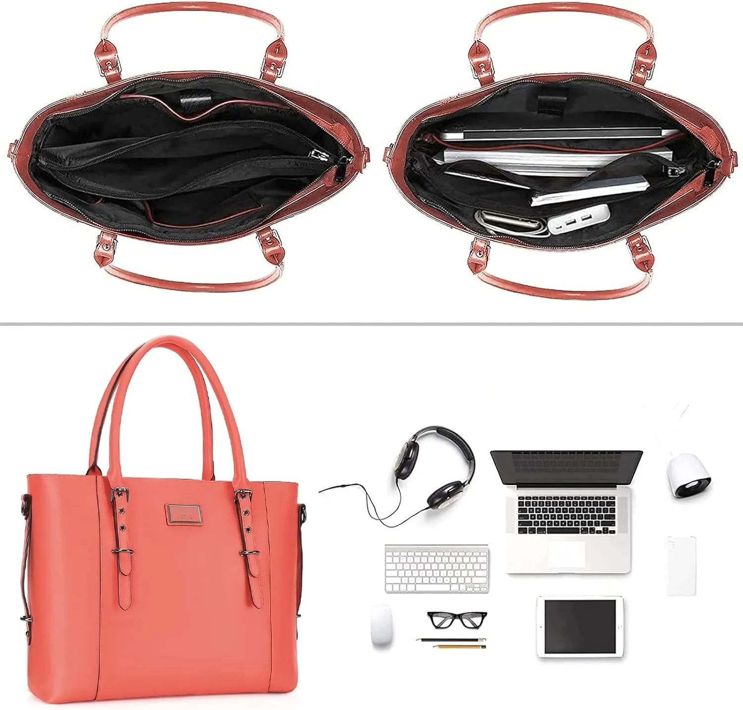 MOSISO PU Leather Laptop Tote Bag for Women (17-17.3 inch), Waterproof Large Capacity Business Work Briefcase Shoulder Laptop Bag, Living Coral