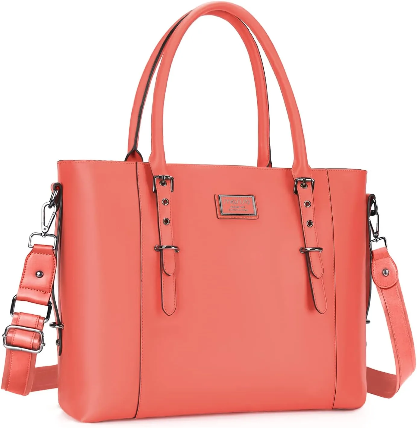 MOSISO PU Leather Laptop Tote Bag for Women (17-17.3 inch), Waterproof Large Capacity Business Work Briefcase Shoulder Laptop Bag, Living Coral