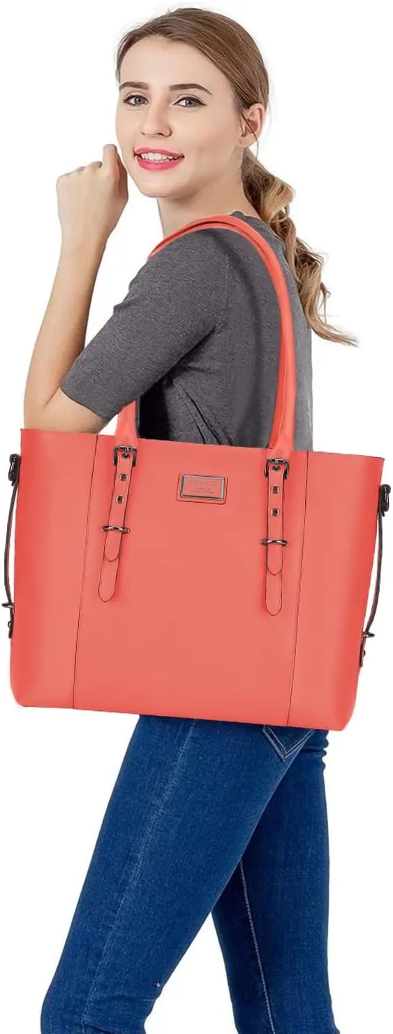 MOSISO PU Leather Laptop Tote Bag for Women (17-17.3 inch), Waterproof Large Capacity Business Work Briefcase Shoulder Laptop Bag, Living Coral