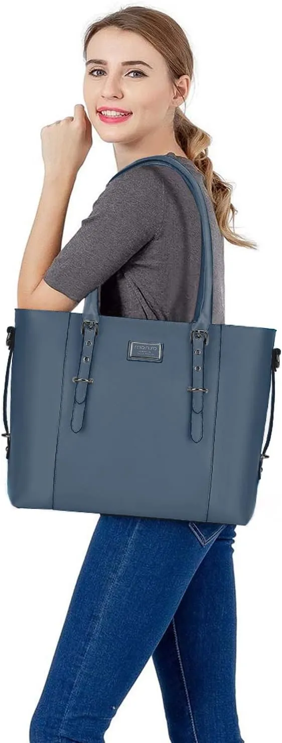 MOSISO PU Leather Laptop Tote Bag for Women (17-17.3 inch), Waterproof Large Capacity Business Work Briefcase Shoulder Laptop Bag, Peacock Blue
