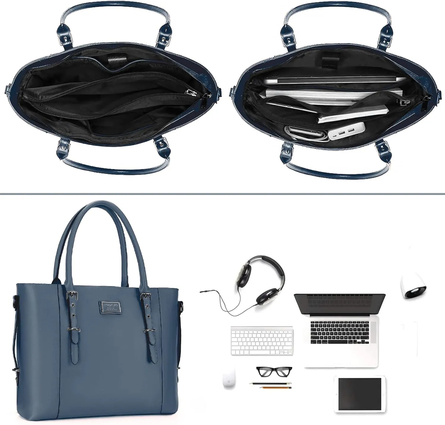 MOSISO PU Leather Laptop Tote Bag for Women (17-17.3 inch), Waterproof Large Capacity Business Work Briefcase Shoulder Laptop Bag, Peacock Blue