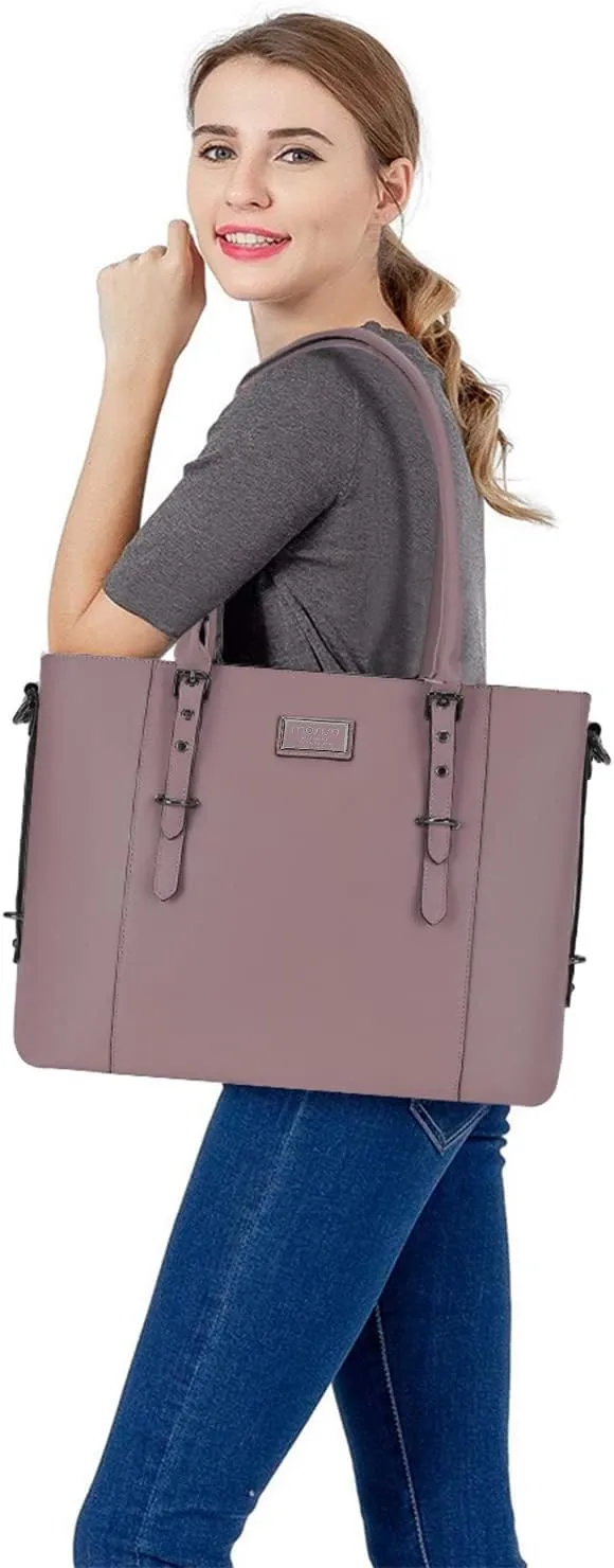MOSISO PU Leather Laptop Tote Bag for Women (17-17.3 inch), Waterproof Large Capacity Business Work Briefcase Shoulder Laptop Bag, Purple
