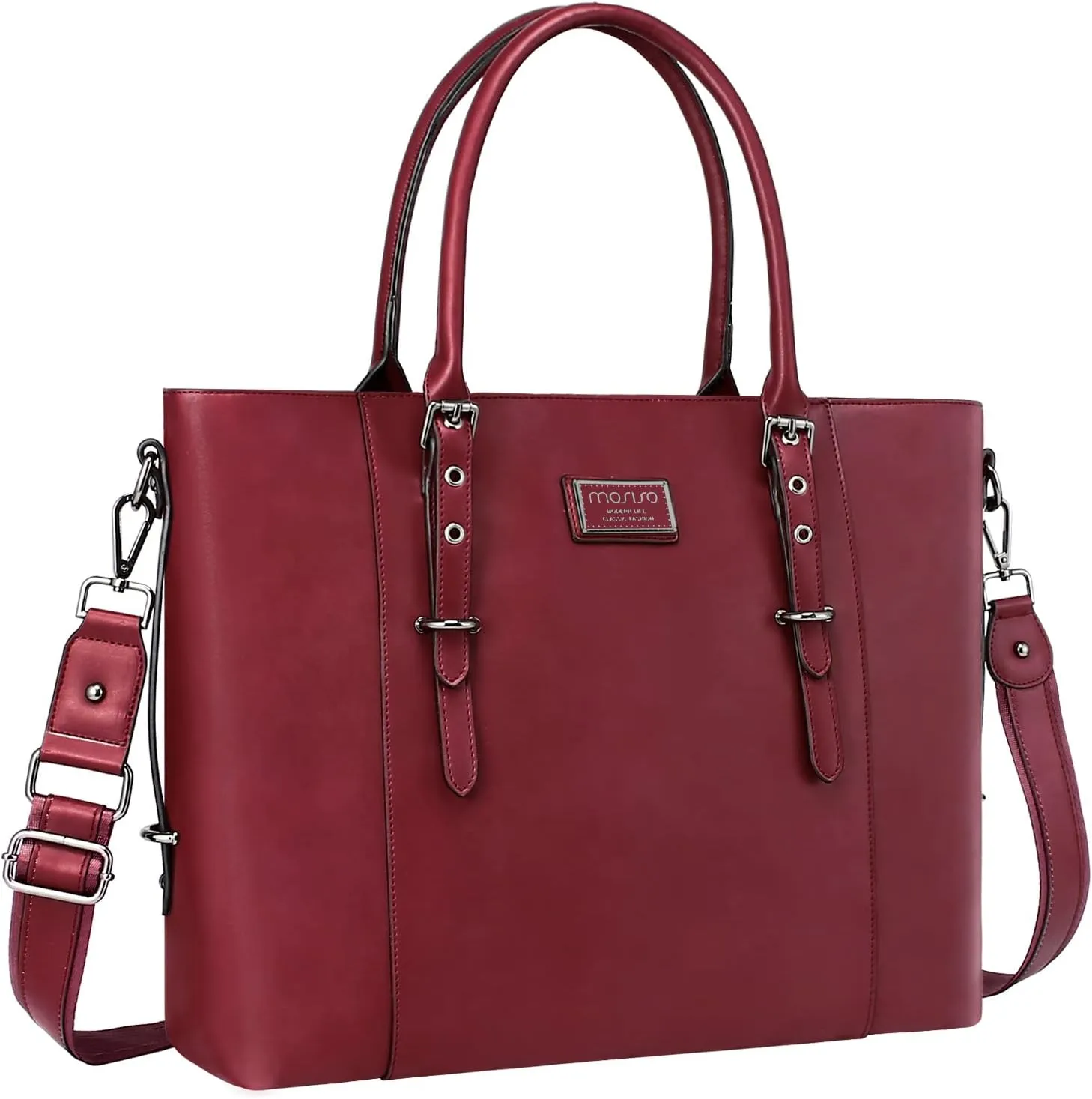 MOSISO PU Leather Laptop Tote Bag for Women (17-17.3 inch), Waterproof Large Capacity Business Work Briefcase Shoulder Laptop Bag, Wine Red