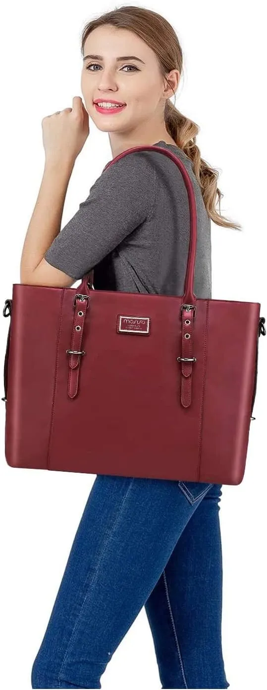 MOSISO PU Leather Laptop Tote Bag for Women (17-17.3 inch), Waterproof Large Capacity Business Work Briefcase Shoulder Laptop Bag, Wine Red