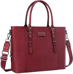 MOSISO PU Leather Laptop Tote Bag for Women (17-17.3 inch), Waterproof Large Capacity Business Work Briefcase Shoulder Laptop Bag, Wine Red