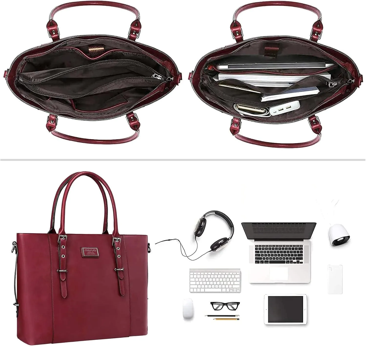 MOSISO PU Leather Laptop Tote Bag for Women (17-17.3 inch), Waterproof Large Capacity Business Work Briefcase Shoulder Laptop Bag, Wine Red