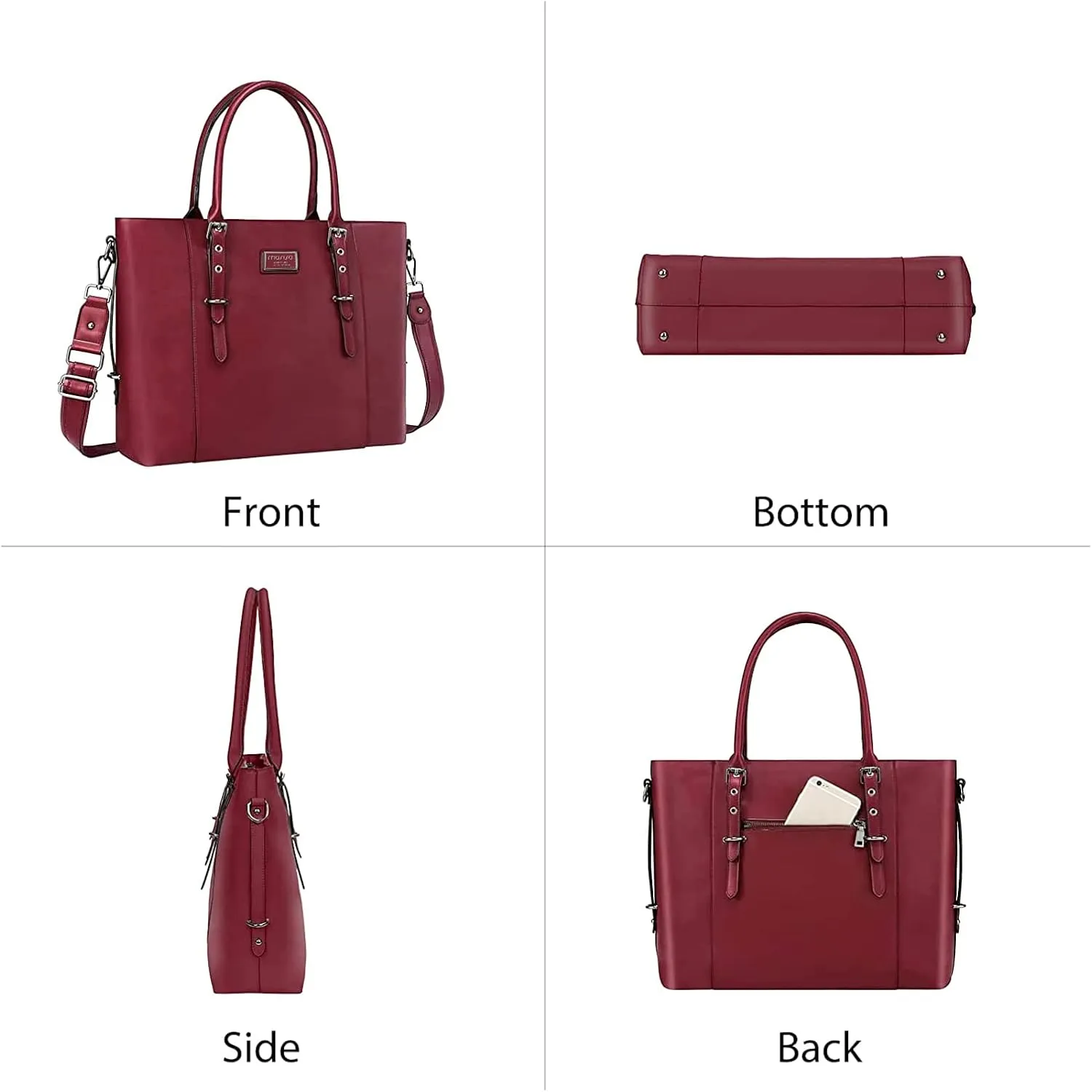 MOSISO PU Leather Laptop Tote Bag for Women (17-17.3 inch), Waterproof Large Capacity Business Work Briefcase Shoulder Laptop Bag, Wine Red