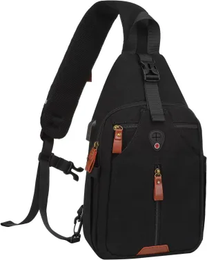 MOSISO Sling Backpack Travel Hiking Daypack, Vintage Canvas Crossbody Sling Chest Bag with USB Charging Port&Removable Strap