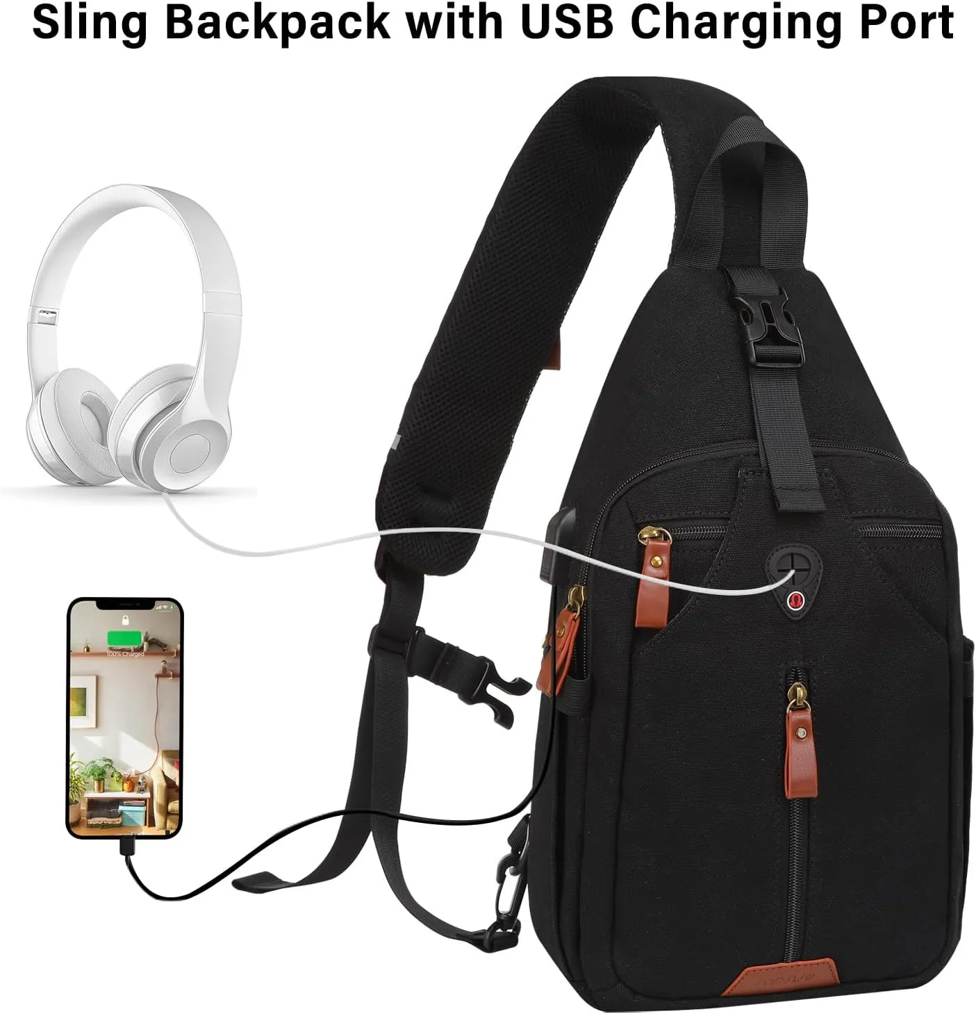 MOSISO Sling Backpack Travel Hiking Daypack, Vintage Canvas Crossbody Sling Chest Bag with USB Charging Port&Removable Strap