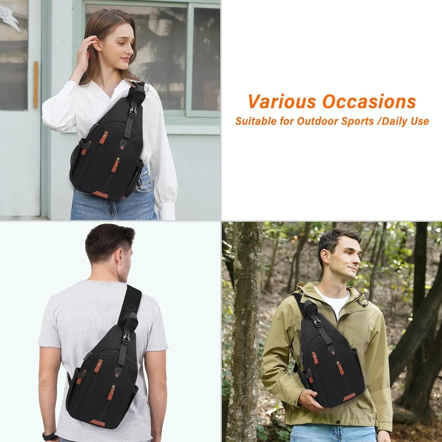 MOSISO Sling Backpack Travel Hiking Daypack, Vintage Canvas Crossbody Sling Chest Bag with USB Charging Port&Removable Strap