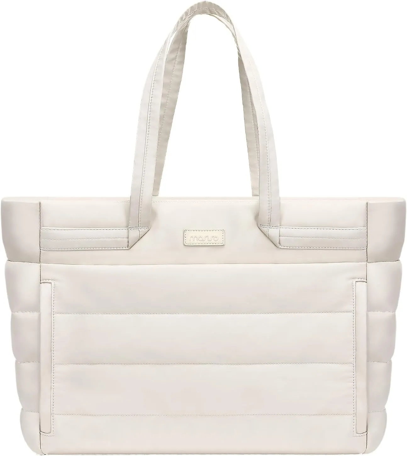 MOSISO Tote Bag for Women, 15-15.6 inch Nylon Tote Bag with 1 Horizontal & 2 Vertical Pockets, 16 inch Large Capacity Quilted Casual Handbag for Travel Work Office, Sand