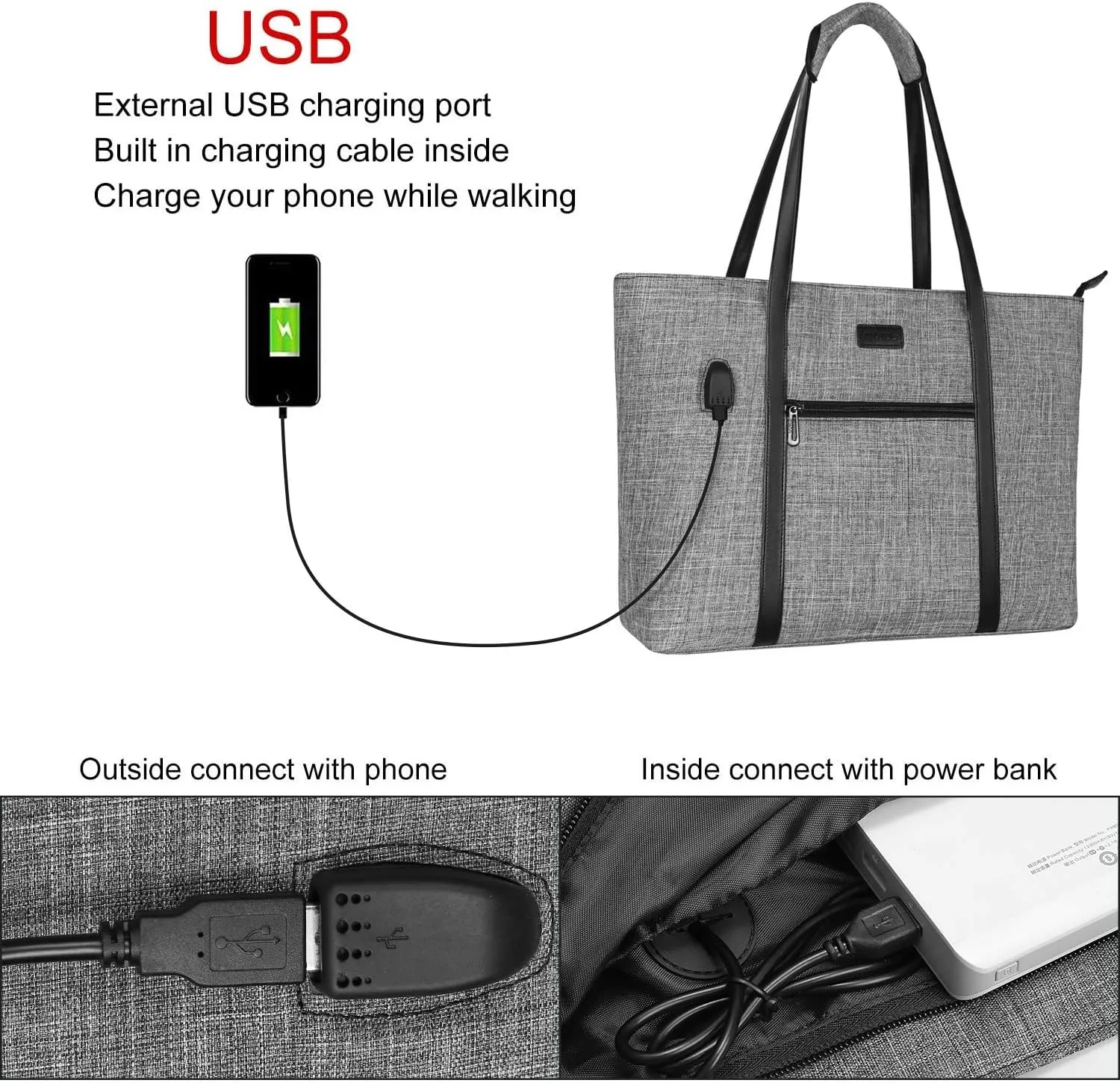 MOSISO USB Port Laptop Tote Bag for Women,Compatible with MacBook, 17-17.3 inch Notebook and Chromebook, Work Travel Business Computer Bag with Small Purse, Gray
