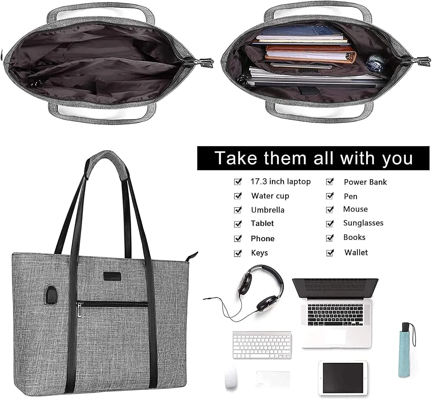 MOSISO USB Port Laptop Tote Bag for Women,Compatible with MacBook, 17-17.3 inch Notebook and Chromebook, Work Travel Business Computer Bag with Small Purse, Gray