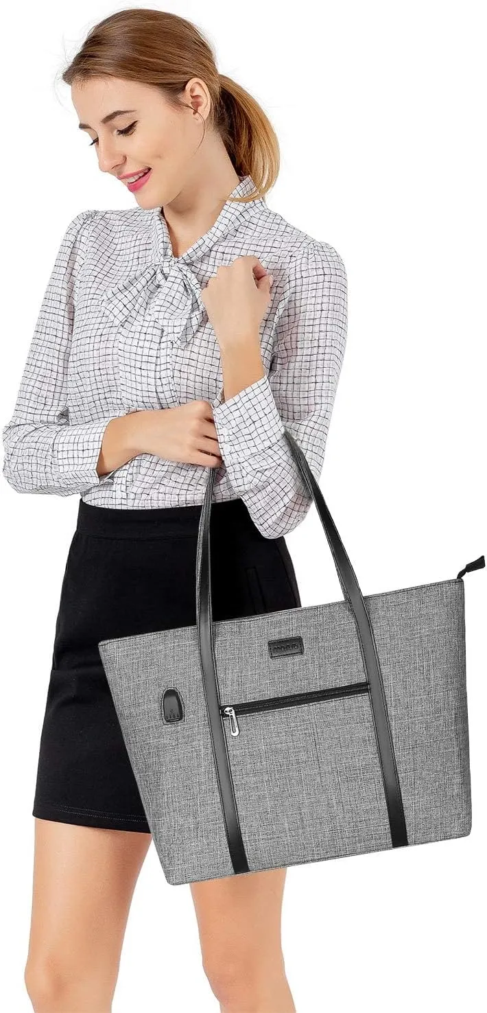 MOSISO USB Port Laptop Tote Bag for Women,Compatible with MacBook, 17-17.3 inch Notebook and Chromebook, Work Travel Business Computer Bag with Small Purse, Gray