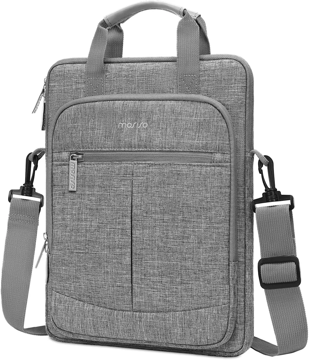 MOSISO Vertical Laptop Shoulder Bag Compatible with MacBook Air/Pro,13-13.3 inch Notebook,Compatible with MacBook Pro 14 2023-2021 A2779 M2 A2442 M1 with 2 Front Pockets&Front Decorative Pockets, Gray