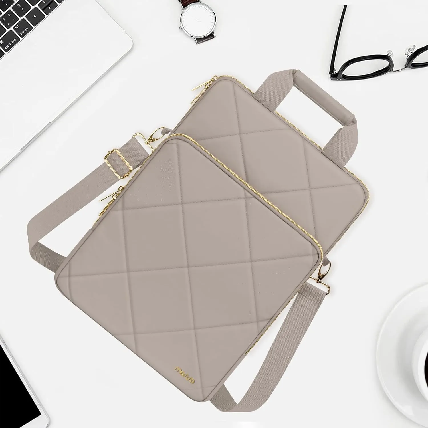 MOSISO Vertical Laptop Shoulder Bag,15-15.6 inch Computer Bag Compatible with MacBook 16 inch, HP, Dell, Lenovo, Asus Notebook,Rhombus Quilted Messenger Bag with Front Pocket&Handle&Belt, Taupe Brown