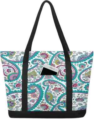 Motif Paisley Pattern Tote Bag Tote Bag for Women Reusable Grocery Shopping Cloth Bags with Zipper Large Capacity Foldable Handbag Gym Bag for Gift Activity
