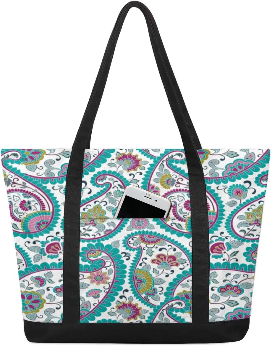 Motif Paisley Pattern Tote Bag Tote Bag for Women Reusable Grocery Shopping Cloth Bags with Zipper Large Capacity Foldable Handbag Gym Bag for Gift Activity
