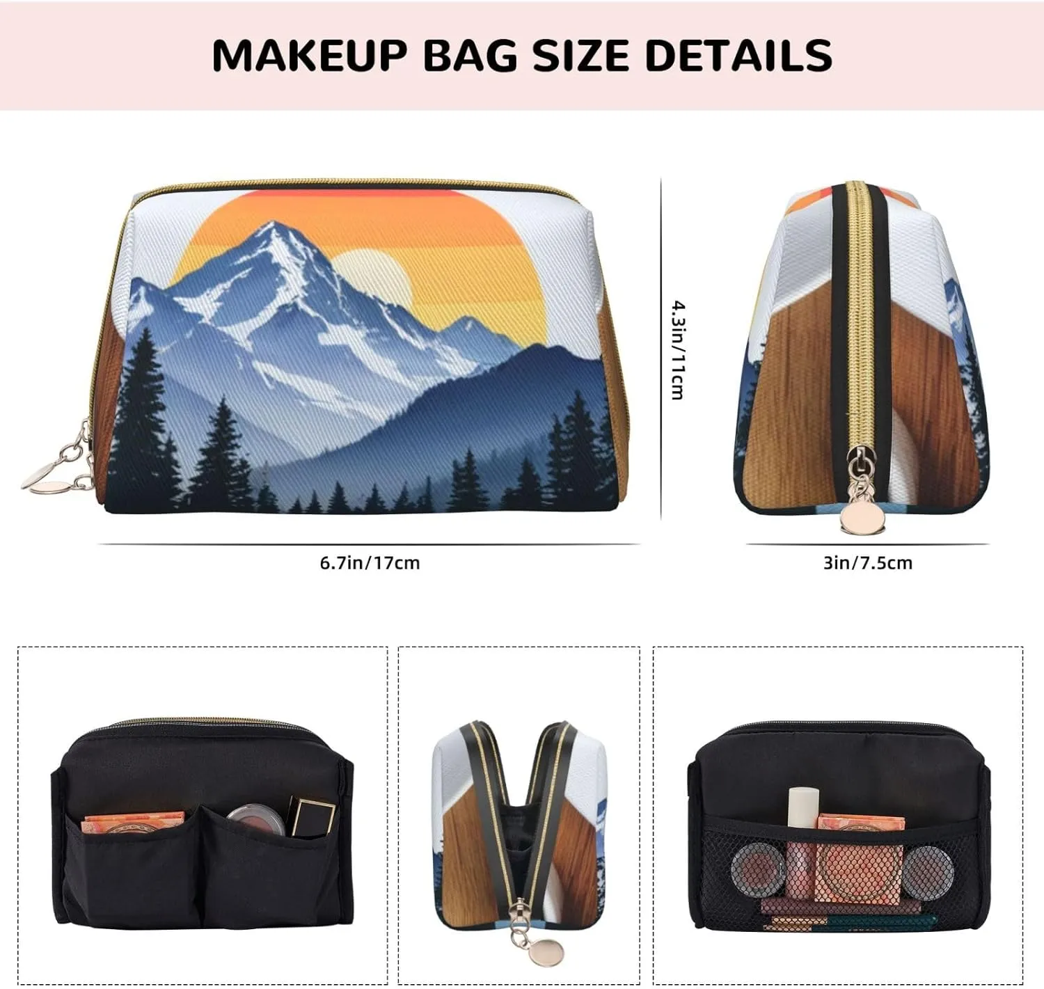 Mountain Sunrise Printed Small Makeup Bag,Travel Cosmetic Bag Purse with Zipper,Water-resistant Makeup Organizer Bag for Women