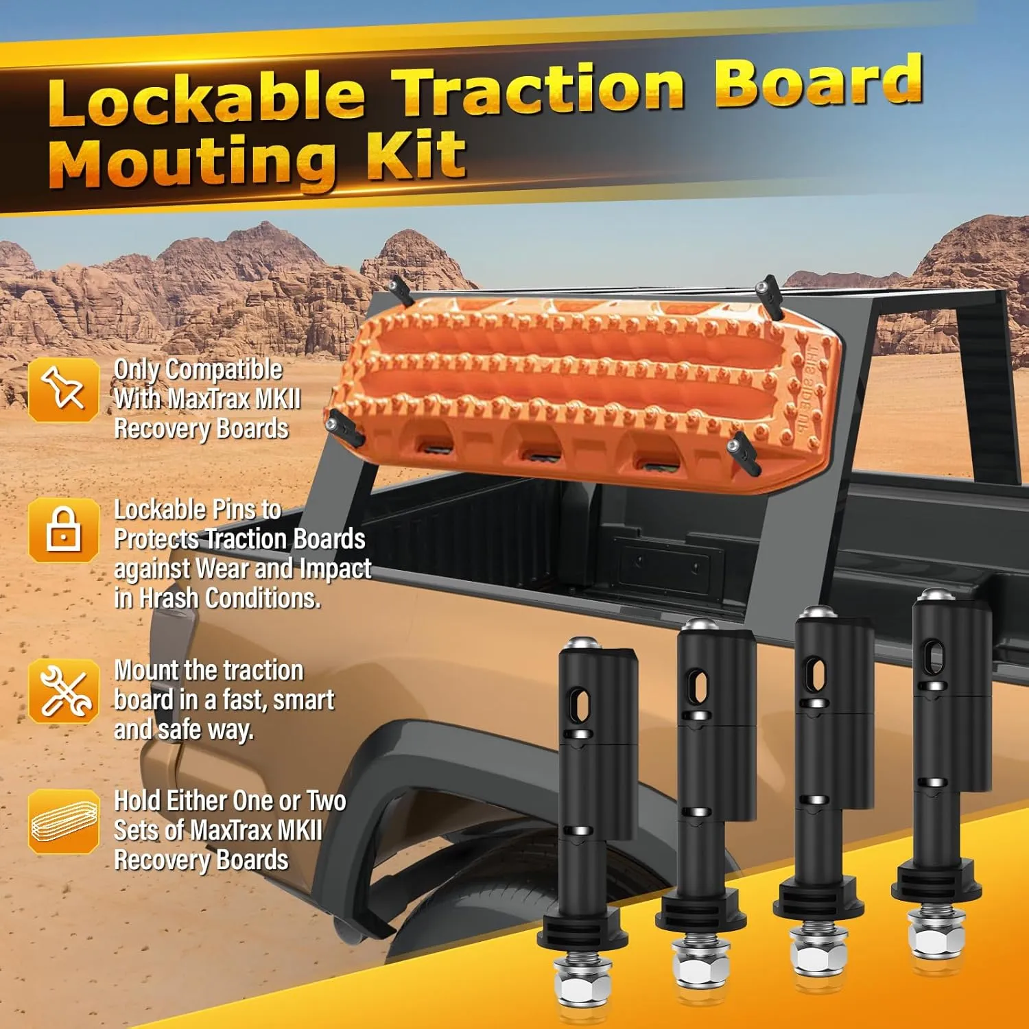 Mounting Pins for Recovery Boards, Lockable Design Traction Boards Mounting Pins, Theftproof Safety Kits, Safe Mount Pins Fit for MaxTrax MKII Recovery Boards, 4 Packs