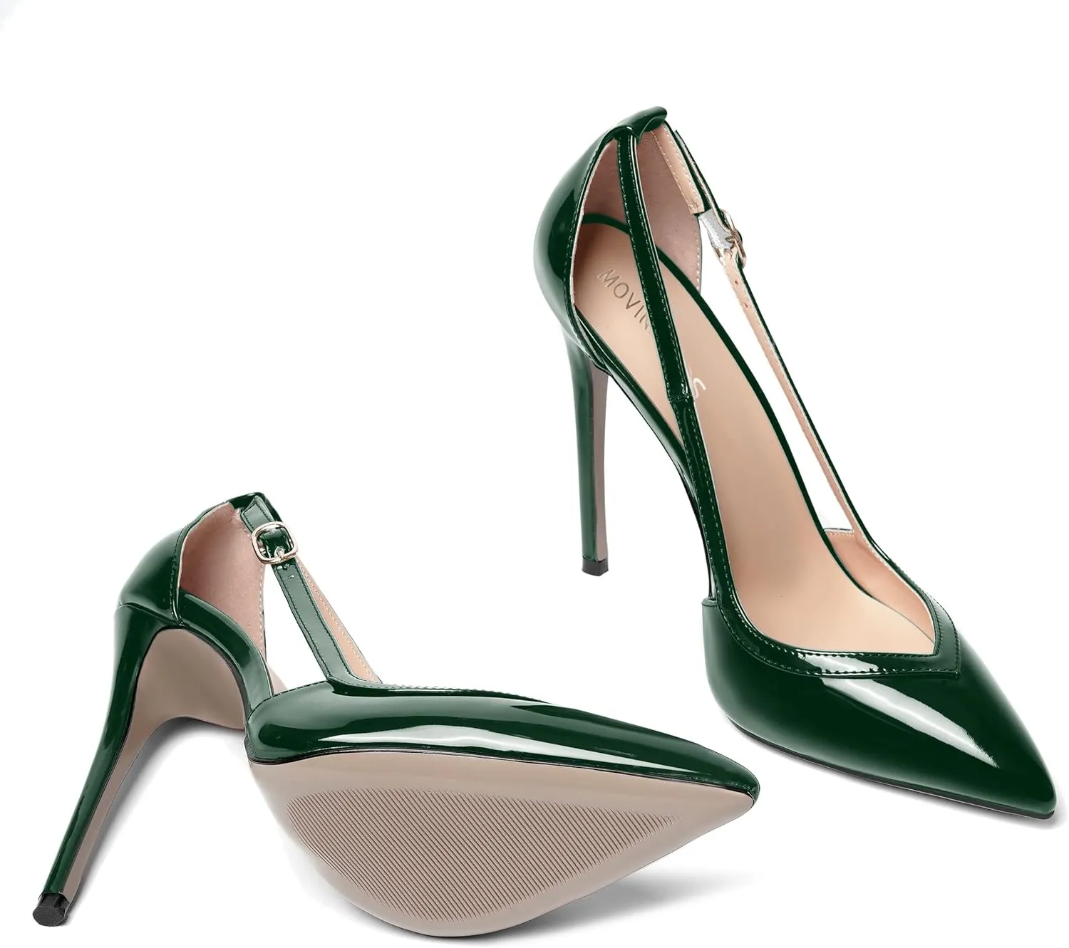 MOVINSTEPS Womens Dress Adjustable Strap Slip On Dating Pointed Toe Patent Stiletto High Heel Pumps Shoes 4.7 Inch