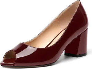 MOVINSTEPS Womens Slip On Dating Peep Toe Dress Patent Block Mid Heel Pumps Shoes 2.5 Inch