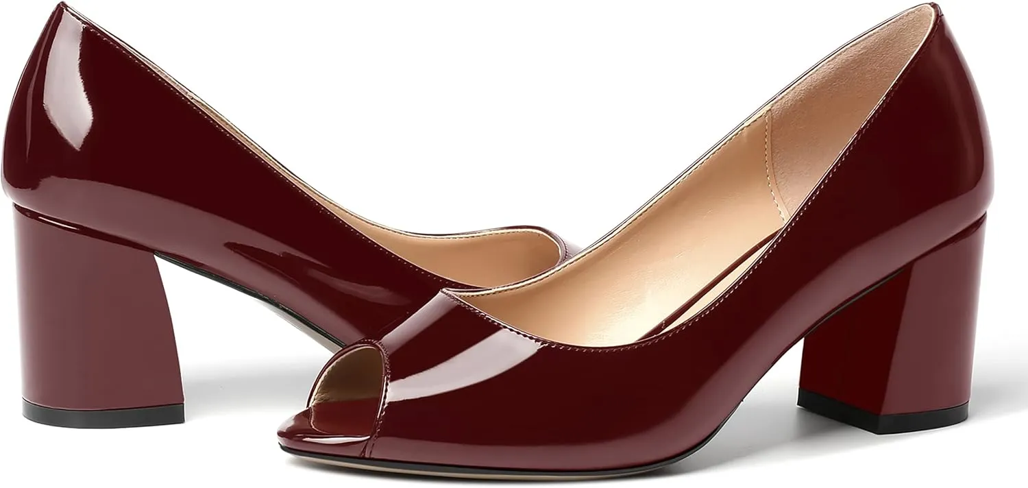 MOVINSTEPS Womens Slip On Dating Peep Toe Dress Patent Block Mid Heel Pumps Shoes 2.5 Inch