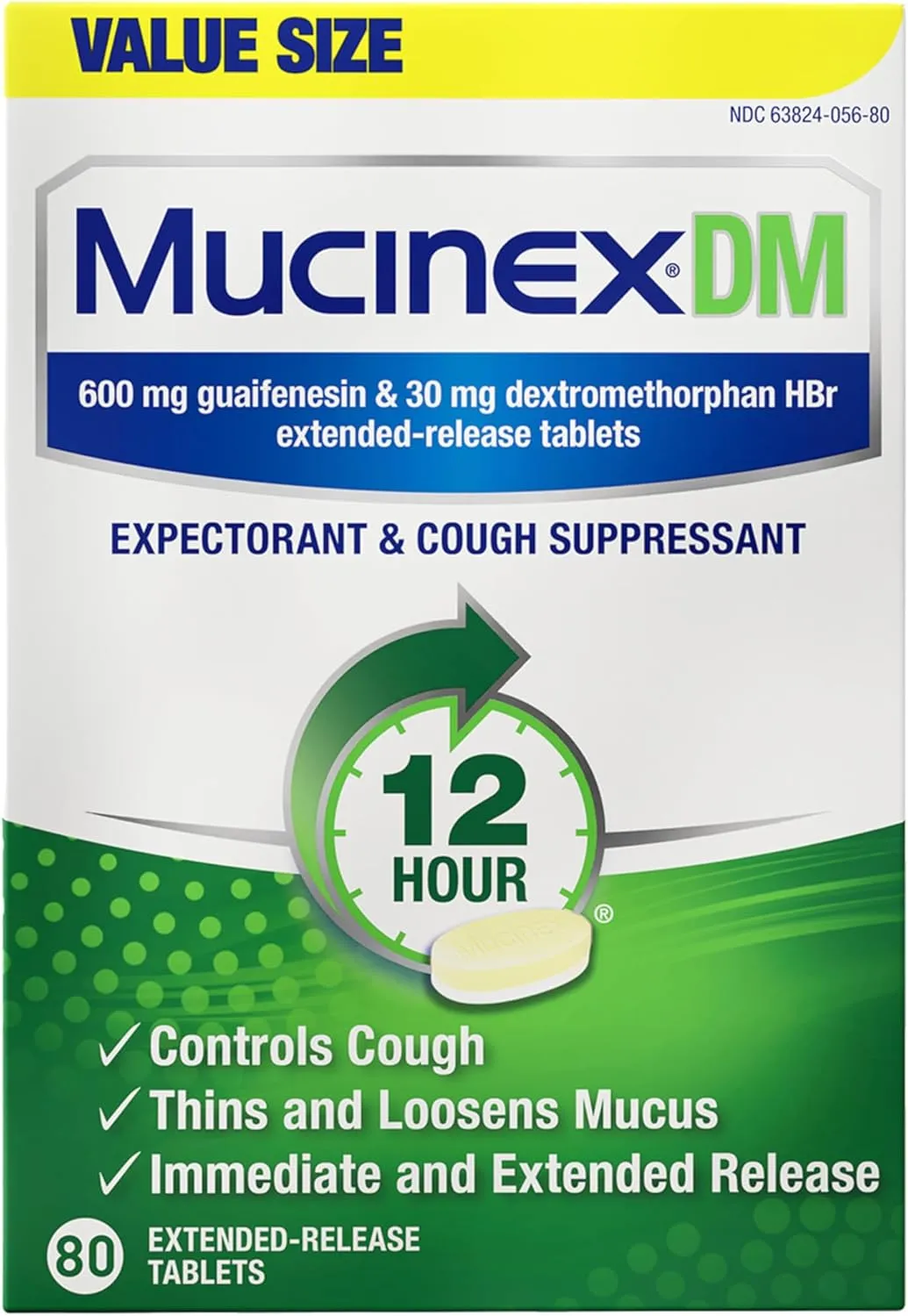 Mucinex DM 12Hr Chest Congestion & Cough Medicine for Adults, Cold and Cough Medicine for Excess Mucus Relief, 600 mg Guaifenesin & 30 mg Dextromethorphan HBr, 80 Bi-Layer Tablets