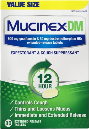 Mucinex DM 12Hr Chest Congestion & Cough Medicine for Adults, Cold and Cough Medicine for Excess Mucus Relief, 600 mg Guaifenesin & 30 mg Dextromethorphan HBr, 80 Bi-Layer Tablets