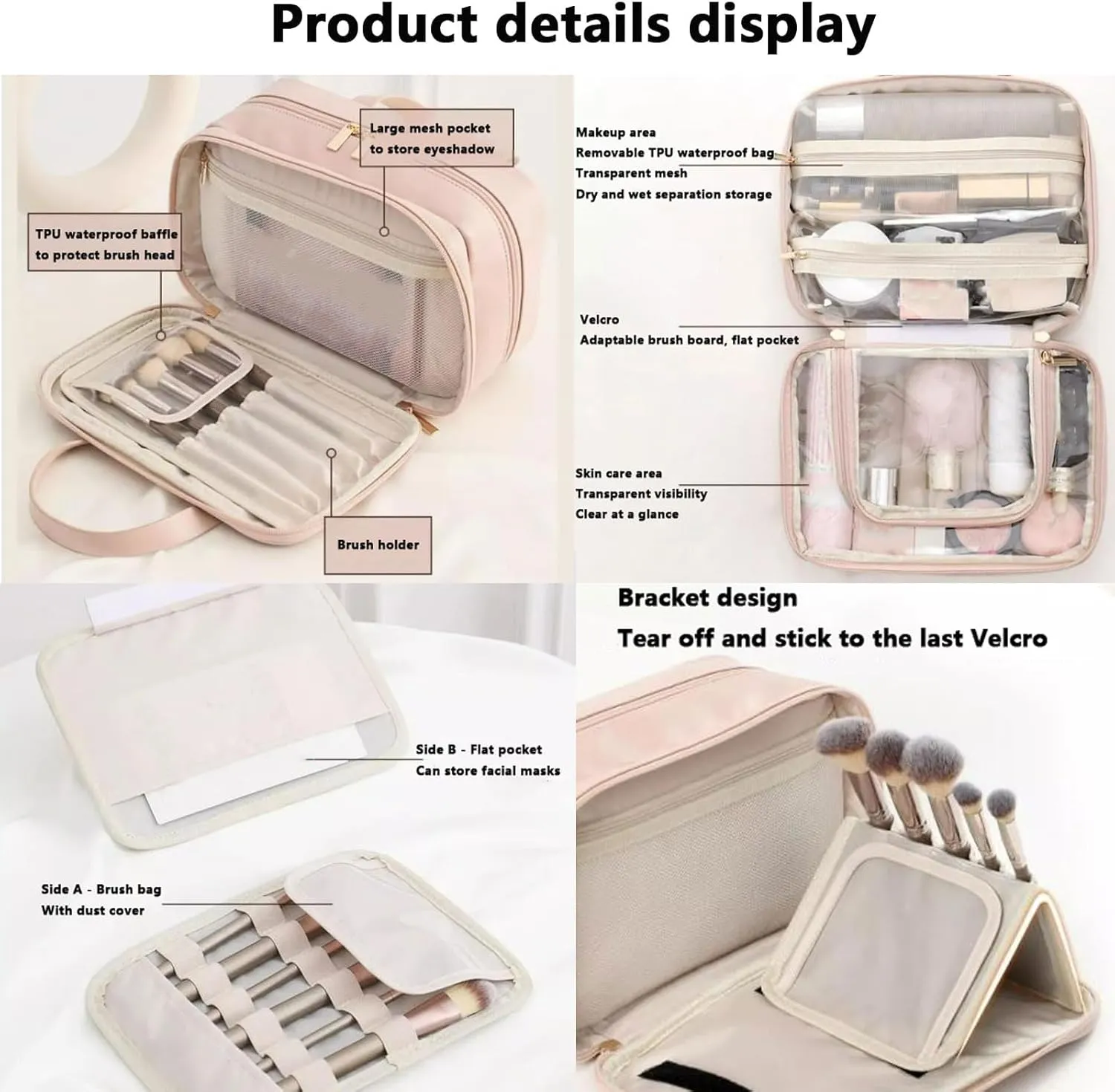 Multi-Compartment Toiletry Cosmetics Bag, Pu Leather Portable Storage Bag, Makeup Bag Large Travel Cosmetic Bags for Women (Black)