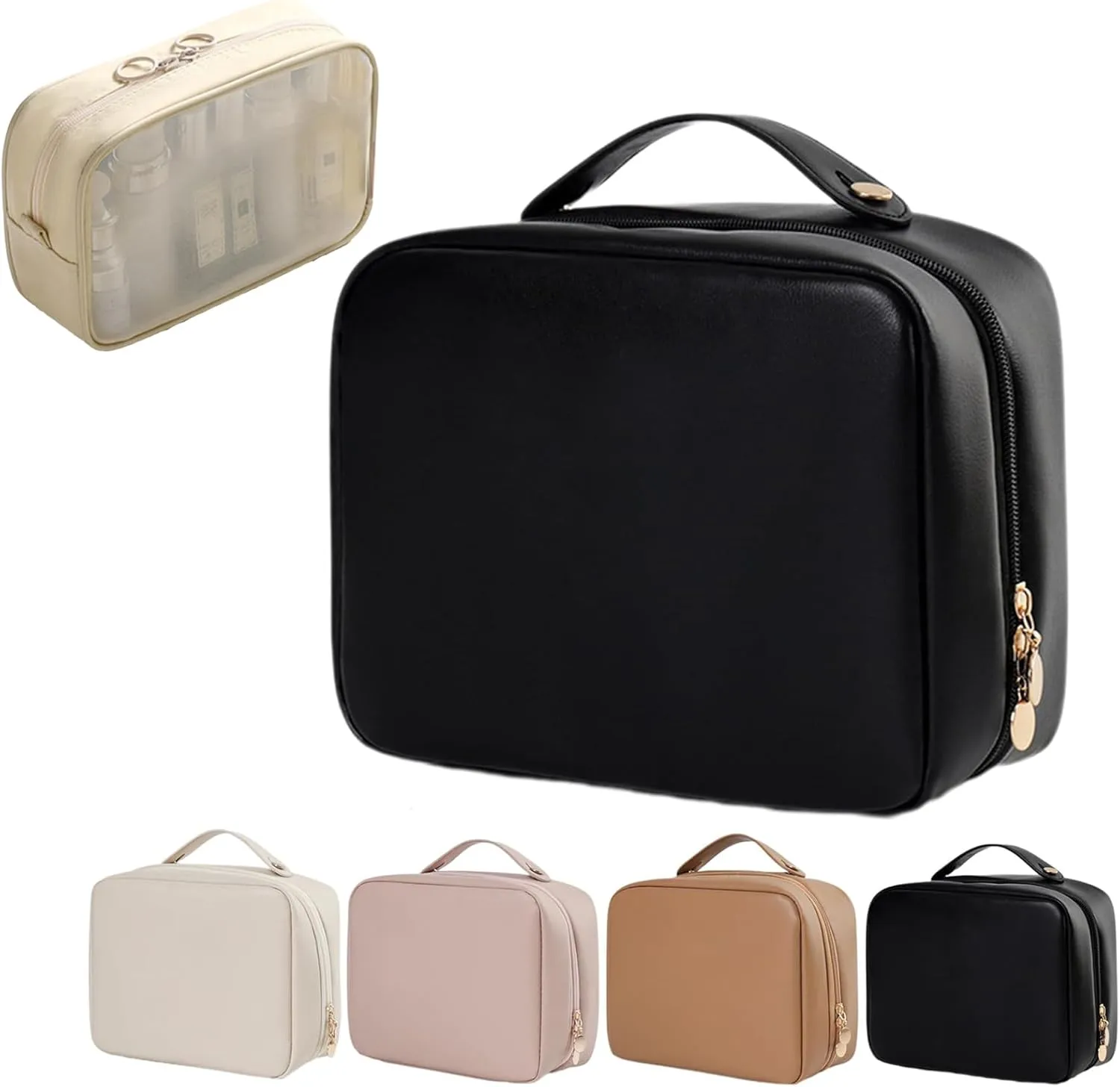 Multi-Compartment Toiletry Cosmetics Bag, Pu Leather Portable Storage Bag, Makeup Bag Large Travel Cosmetic Bags for Women (Black)