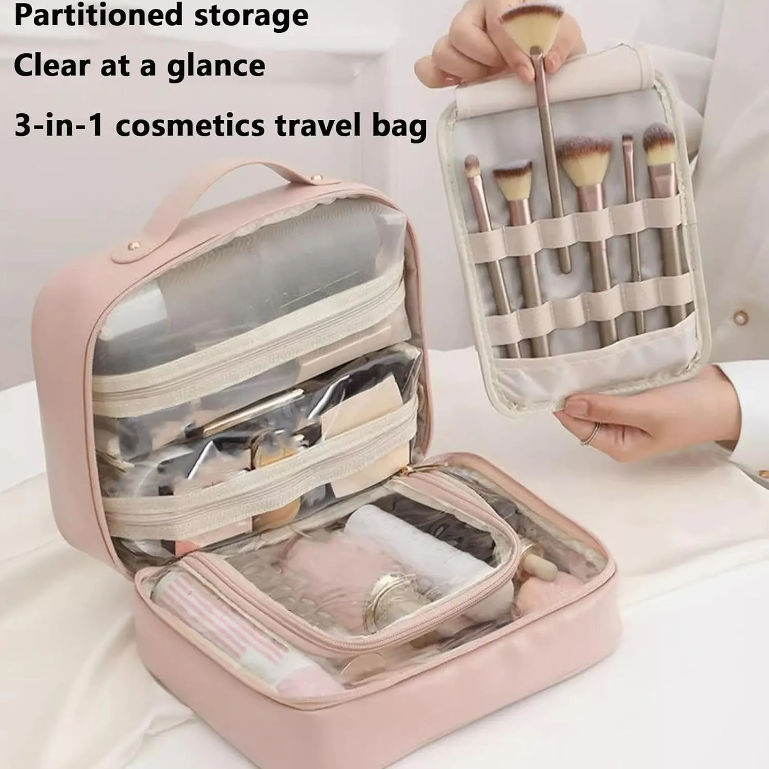 Multi-Compartment Toiletry Cosmetics Bag, Pu Leather Portable Storage Bag, Makeup Bag Large Travel Cosmetic Bags for Women (Black)