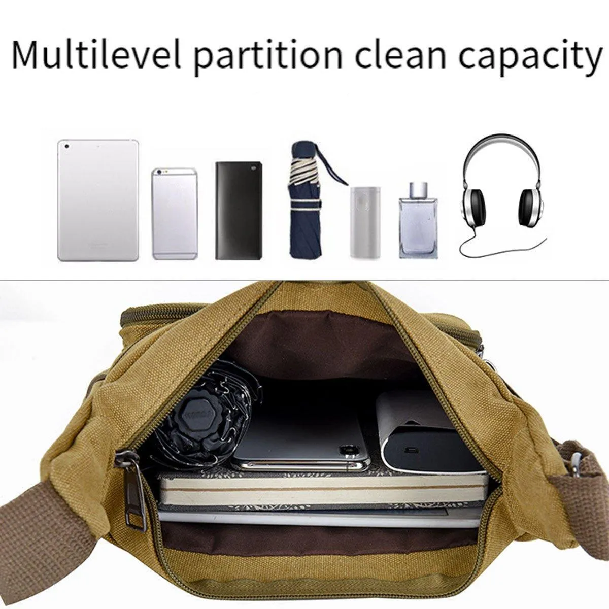 Multi Layer Canvas Crossbody Bag Casual Shoulder Bag for Travel Messenger Bag