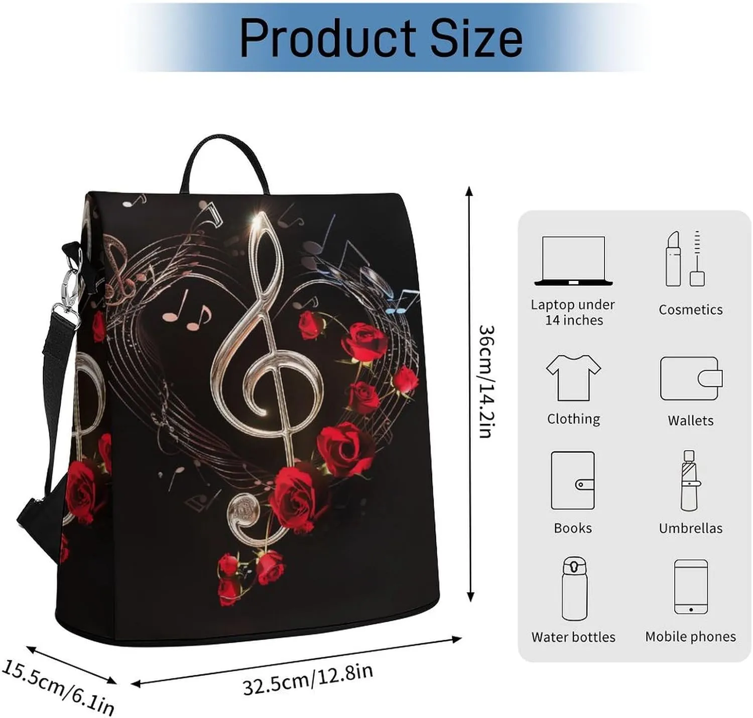 Music Rose Backpack for Women Anti-theft Shoulder Bag Carry On Backpack Fashion Ladies Travel Bags