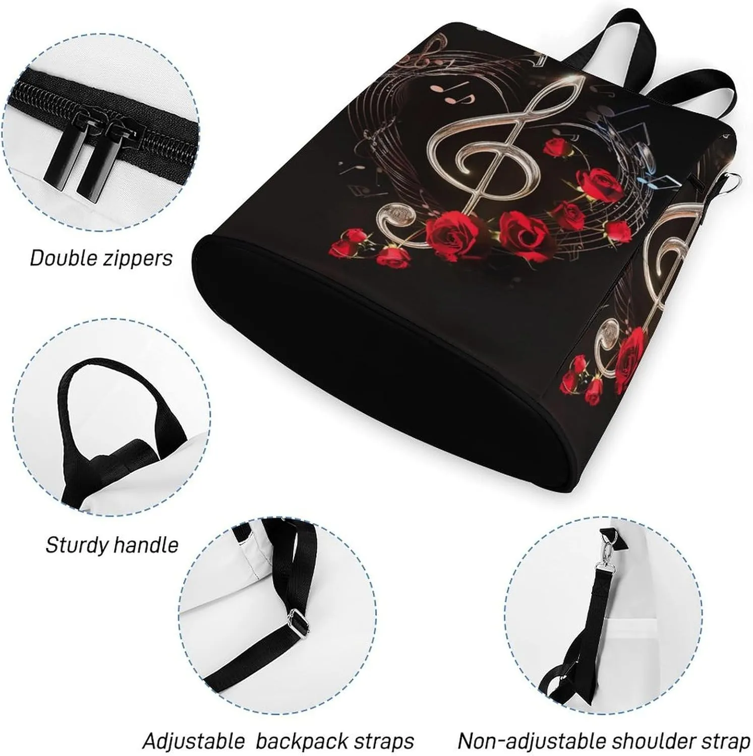 Music Rose Backpack for Women Anti-theft Shoulder Bag Carry On Backpack Fashion Ladies Travel Bags