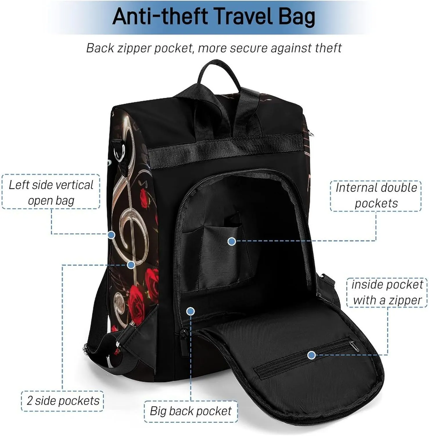 Music Rose Backpack for Women Anti-theft Shoulder Bag Carry On Backpack Fashion Ladies Travel Bags