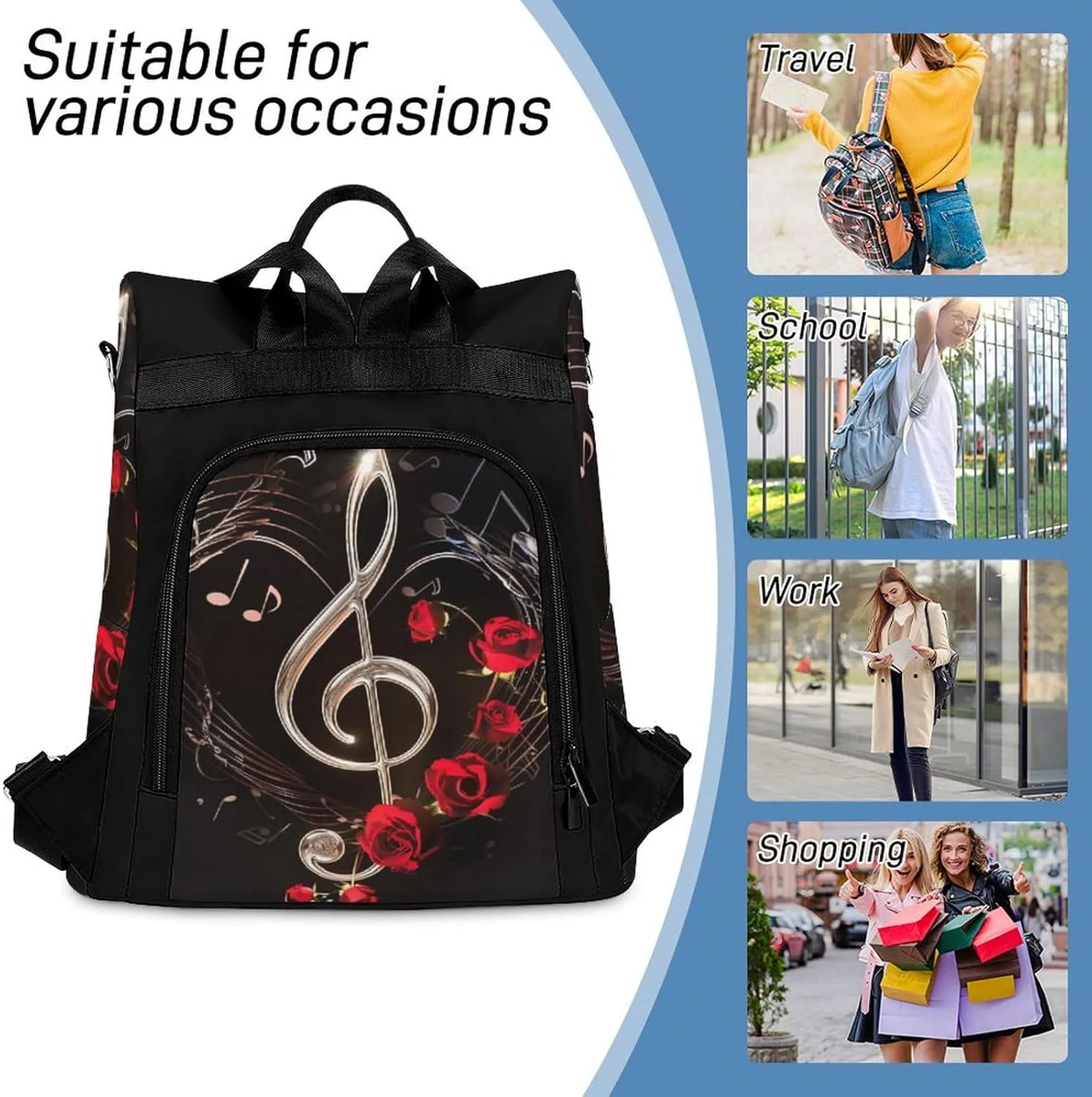 Music Rose Backpack for Women Anti-theft Shoulder Bag Carry On Backpack Fashion Ladies Travel Bags
