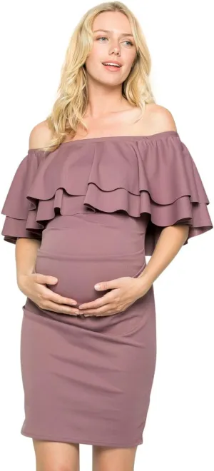 My Bump Double Layer Ruffle Maternity Dress-Fitted Off-Shoulder Baby Shower Pregnancy