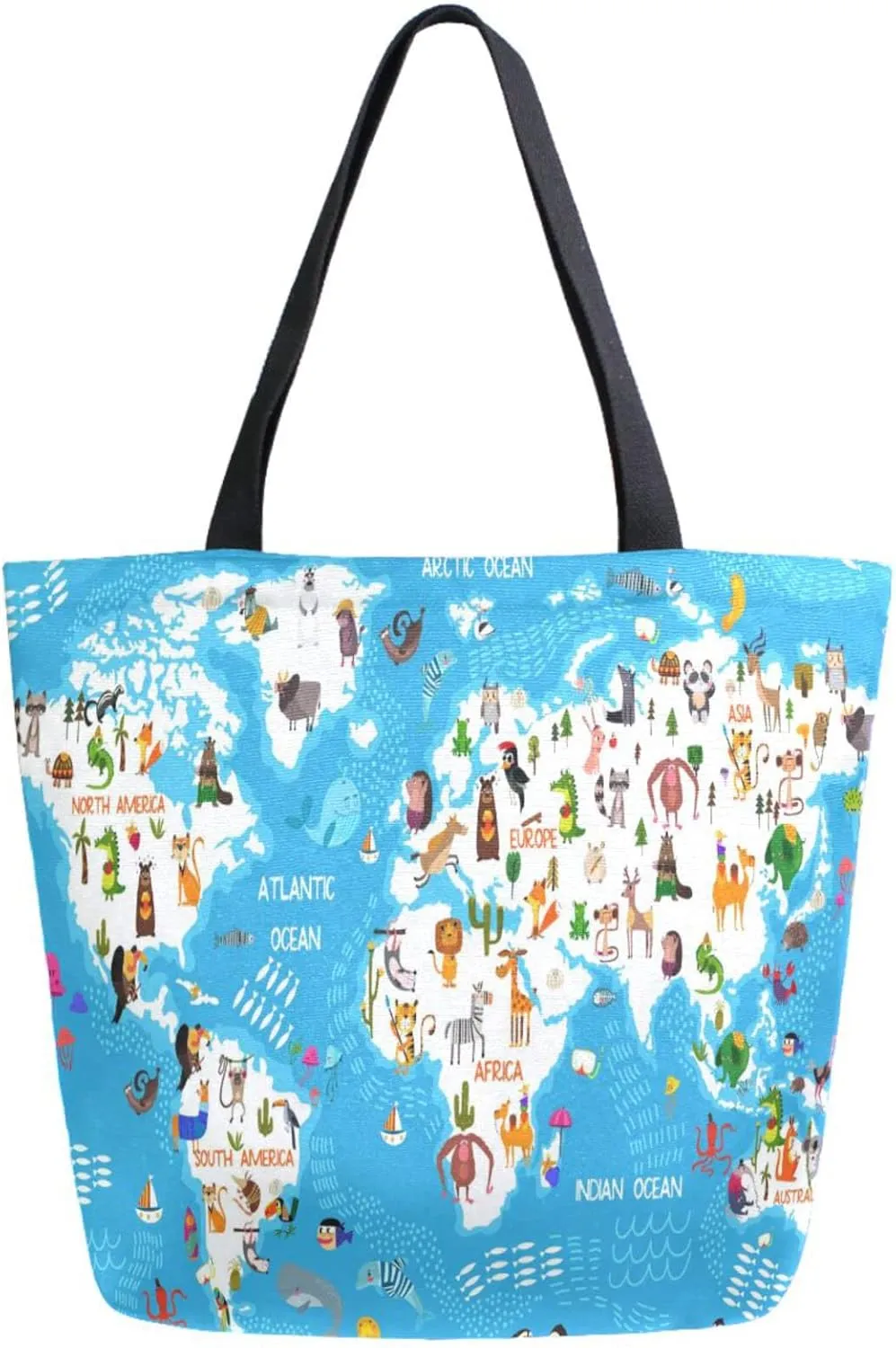 Naanle Extra Large Tote Bags, Cartoon Animals World Map Canvas Market Beach Travel Gym Reusable Shopping Shoulder Bag