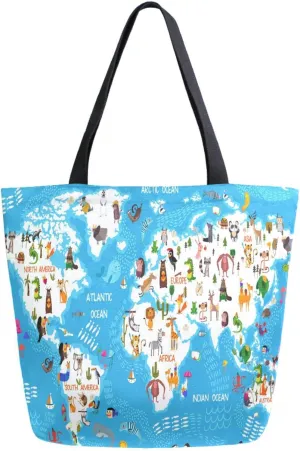 Naanle Extra Large Tote Bags, Cartoon Animals World Map Canvas Market Beach Travel Gym Reusable Shopping Shoulder Bag