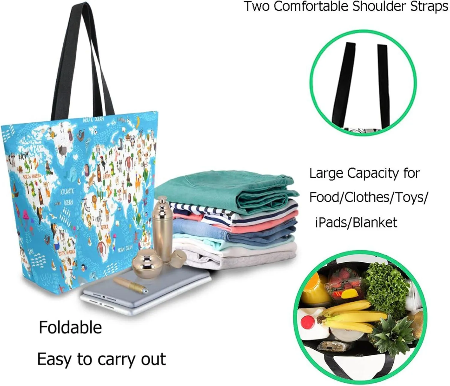 Naanle Extra Large Tote Bags, Cartoon Animals World Map Canvas Market Beach Travel Gym Reusable Shopping Shoulder Bag