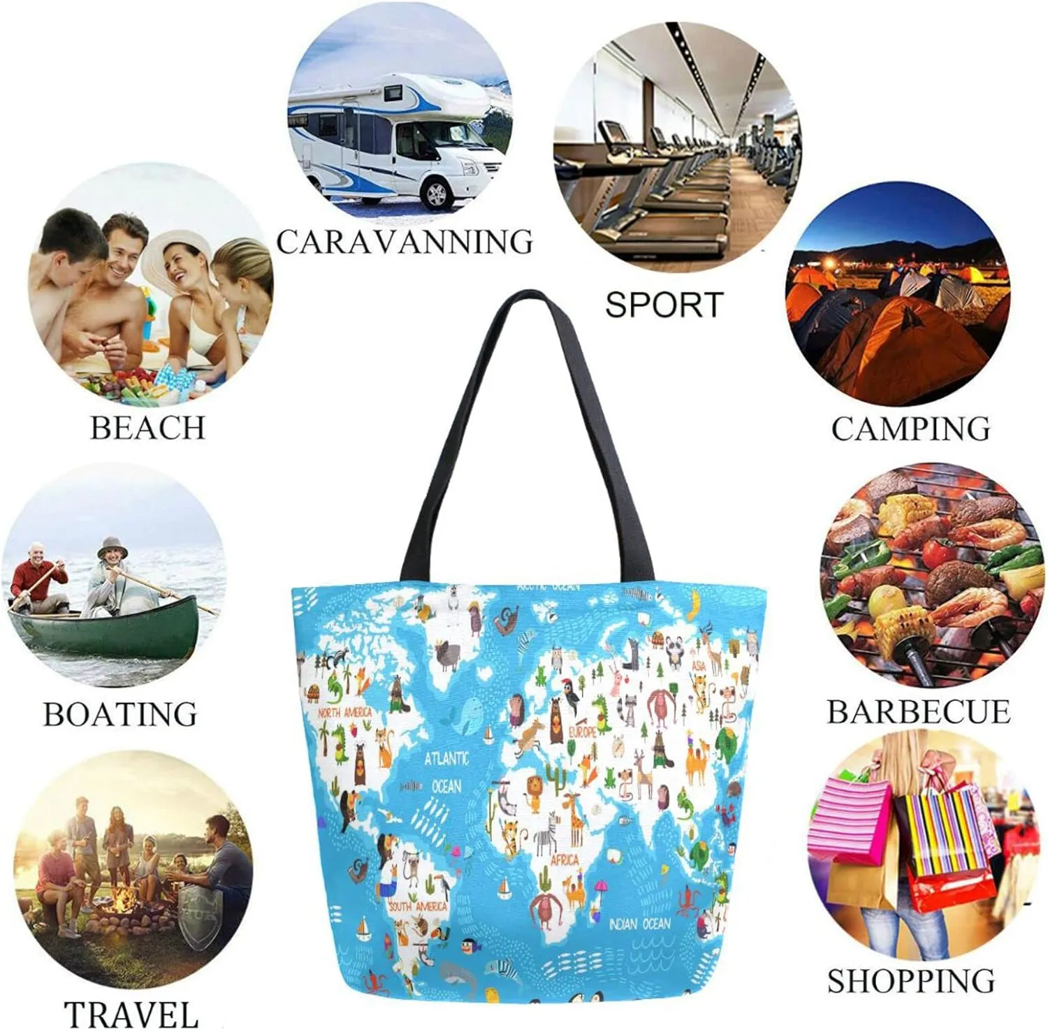 Naanle Extra Large Tote Bags, Cartoon Animals World Map Canvas Market Beach Travel Gym Reusable Shopping Shoulder Bag