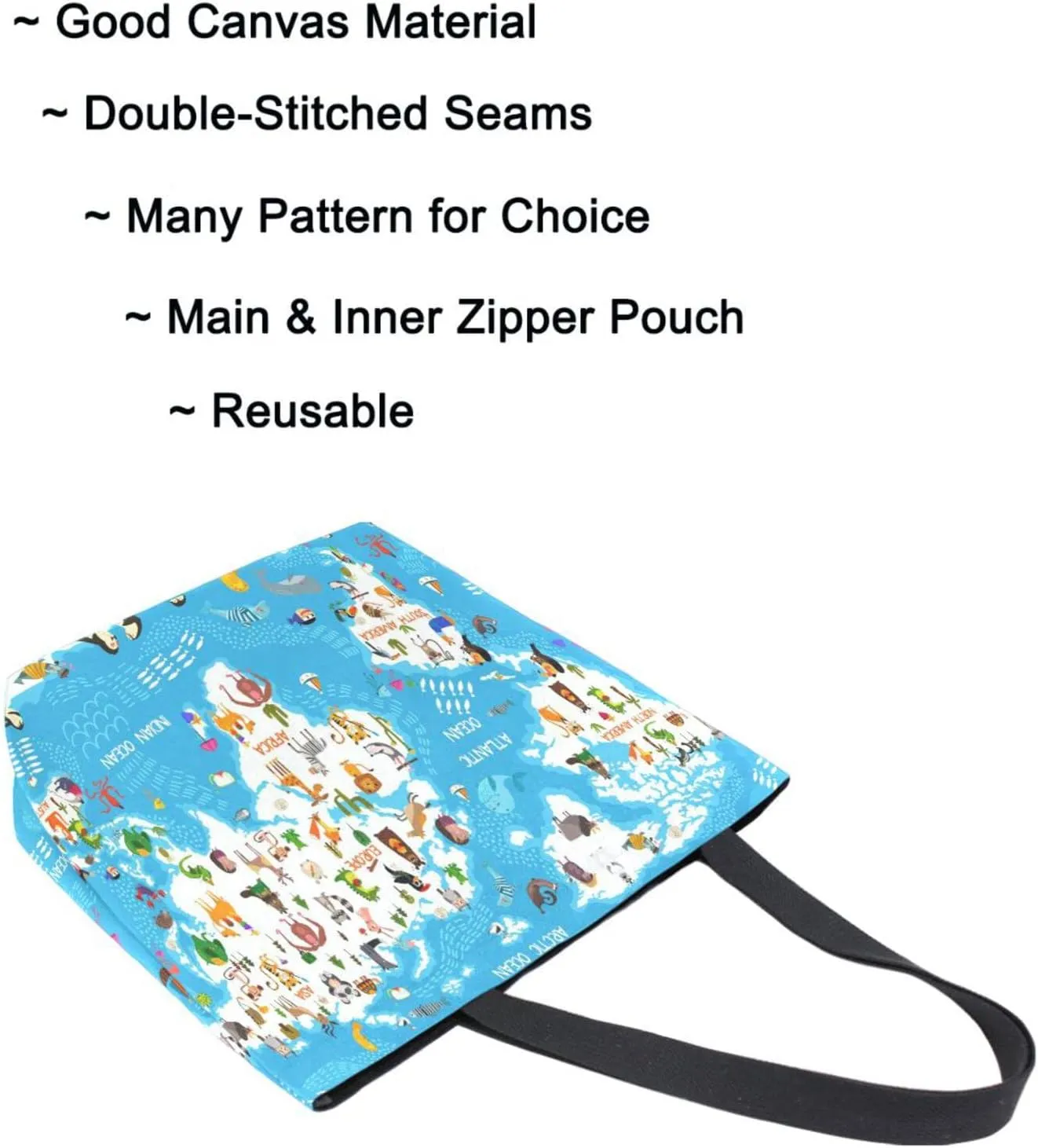 Naanle Extra Large Tote Bags, Cartoon Animals World Map Canvas Market Beach Travel Gym Reusable Shopping Shoulder Bag