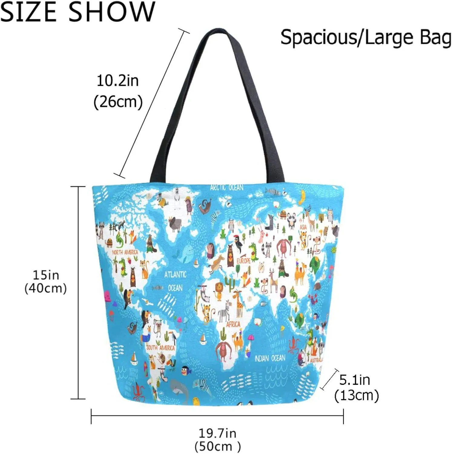Naanle Extra Large Tote Bags, Cartoon Animals World Map Canvas Market Beach Travel Gym Reusable Shopping Shoulder Bag