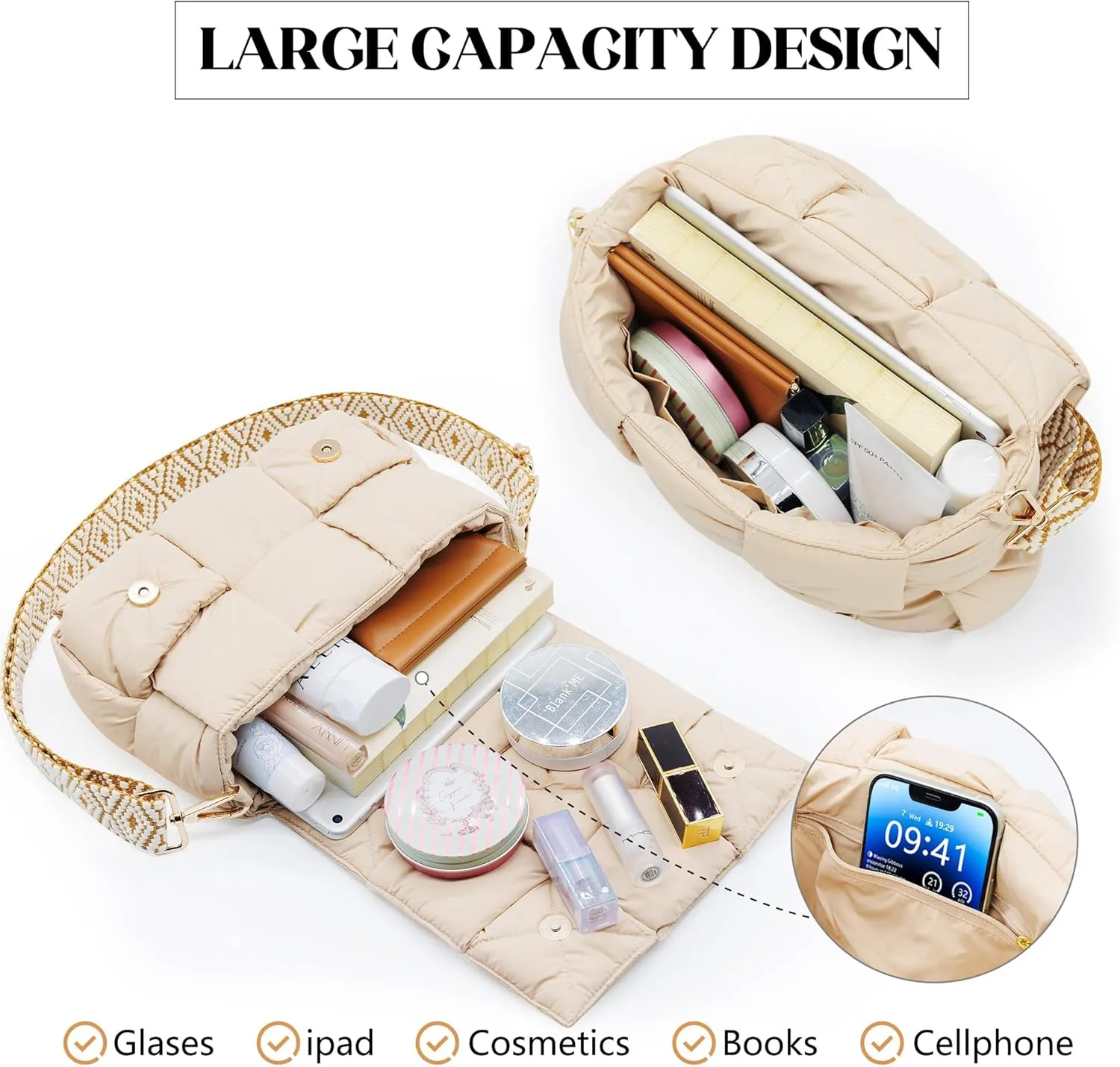 NAARIIAN Shoulder bags for women, Light-weight small puffer purses waterproof, hand-woven puffy bag crossbody handbag