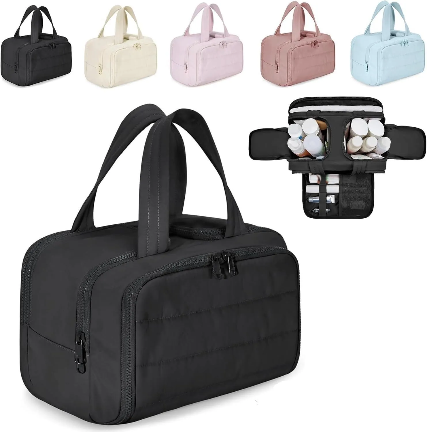 Naturaltly Large Capacity Wide-Open Travel Cosmetic Bag, Humidity Travel Cosmetic Bag, Puffy Cosmetic Makeup Bag Organizer with Handle for women Traveling Cosmetic Bags (Black)
