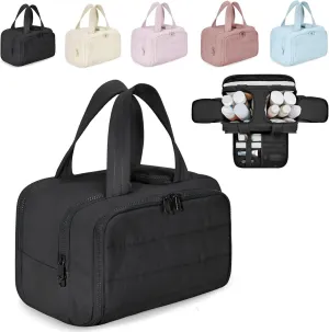 Naturaltly Large Capacity Wide-Open Travel Cosmetic Bag, Humidity Travel Cosmetic Bag, Puffy Cosmetic Makeup Bag Organizer with Handle for women Traveling Cosmetic Bags (Black)